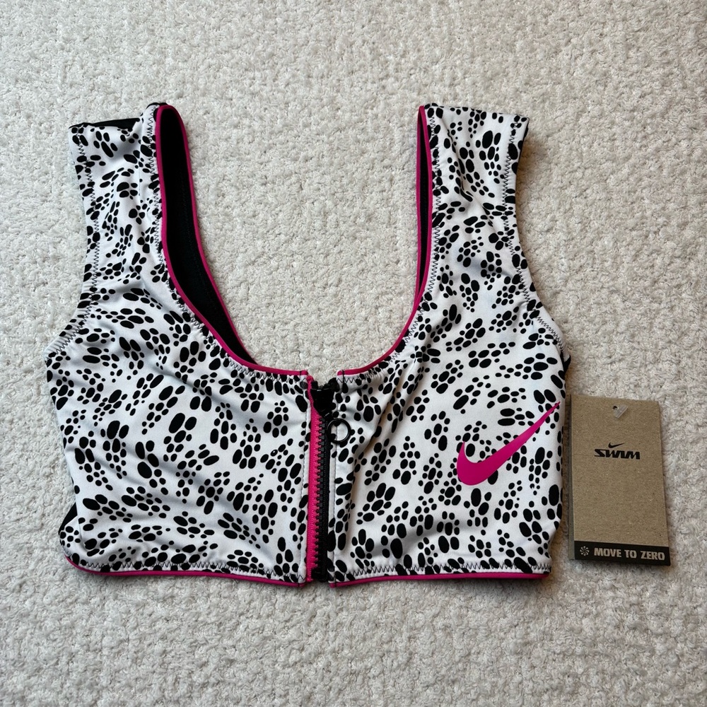 Nike Swim Top Womens S Black White Party Dots Crop Bikini Top‎ Partial Zip Front